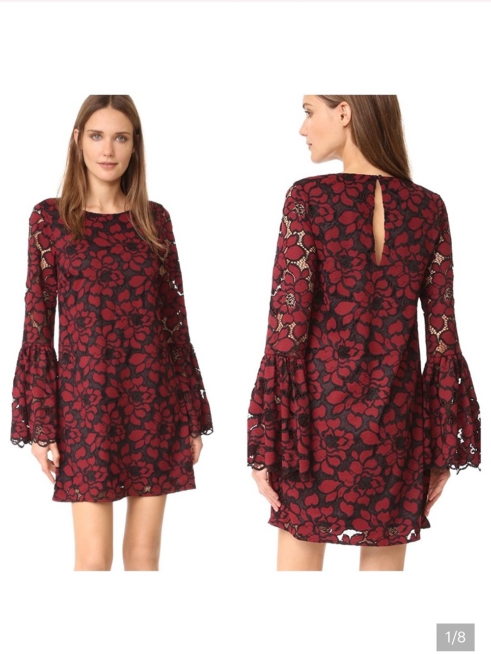 LIKELY Revolve Perry Lace Floral Bell Sleeve Mini Dress in Garnet